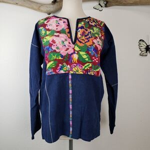 Denim dark wash tunic with embroidered front